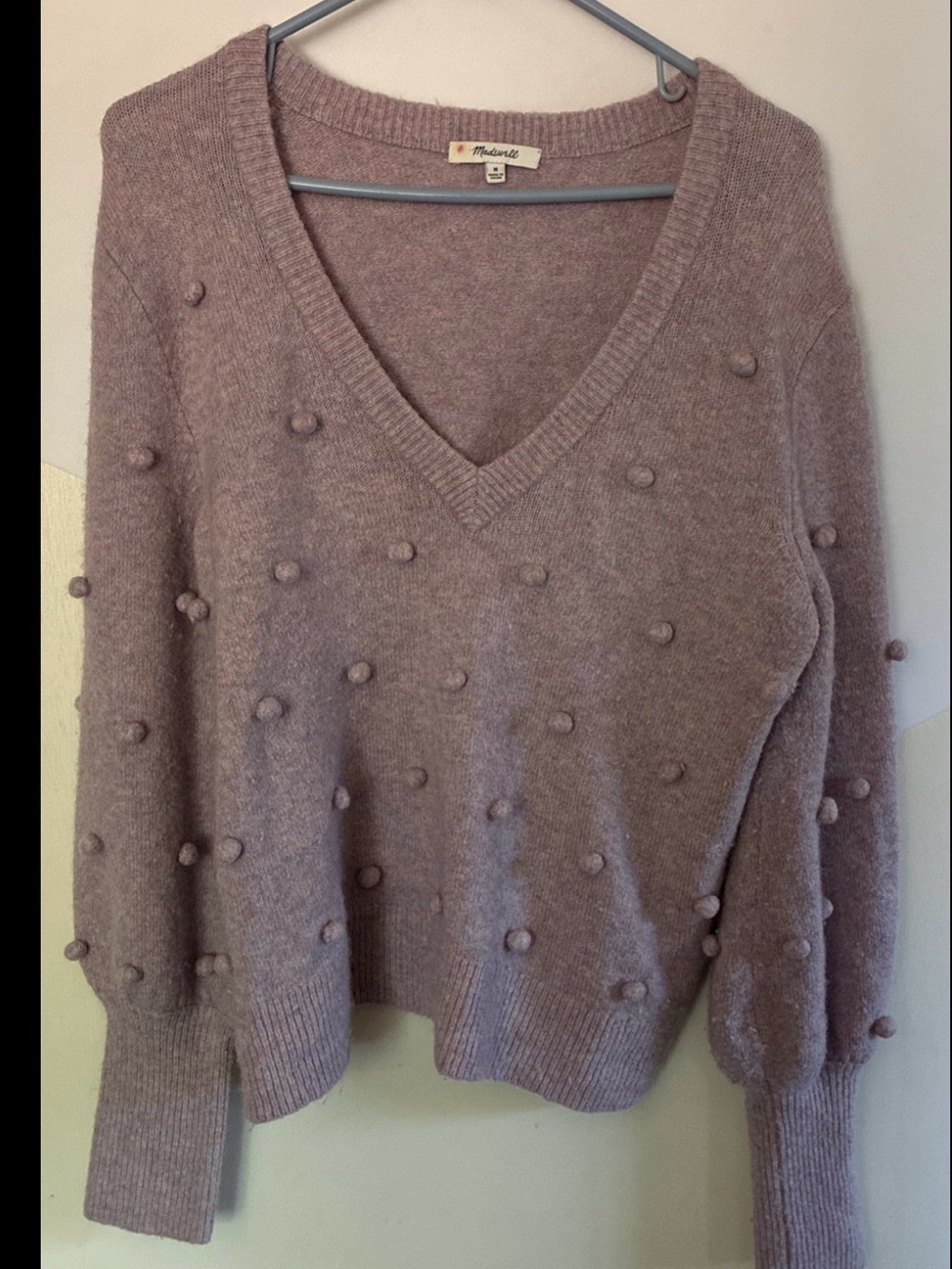 Madewell Womens Light Purple Mauve Bobble Pom Pom V-neck Wool Blend Sweater Sz M